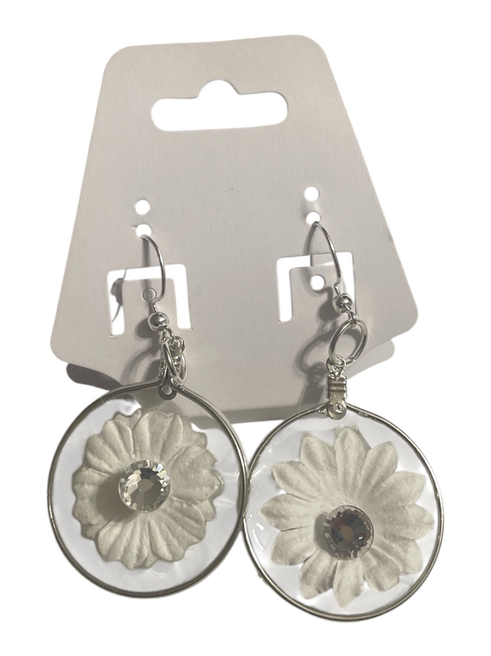 Silver Hoop Earrings with White Flower Accent